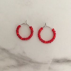 Small Silver Hoop Earrings With Sparkly Red Beads